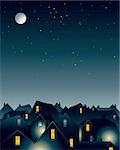 an illustration of a full moon over the rooftops of a city