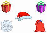 The objects connected with the the Santa Claus: gift boxes, a bag with gifts, a beard, a cap
