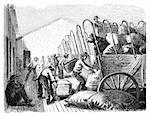 Men loading covered wagons. Illustration originally published in Hesse-Wartegg's "Nord Amerika", swedish edition published in 1880. The image is currently in public domain by the virtue of age.