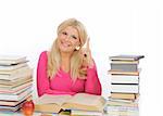 portrait of young student woman with lots of books  studing for exams. isolated on white background