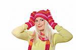 Seasonal portrait of pretty funny woman in hat and gloves. white background
