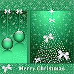 Christmas tree, balls, bows, stars, snowflakes and snow on a green background.