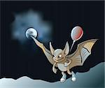 Little vampire bat flying in the moonlight holding air balloon, cartoon vector illustration with mesh