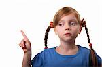 Little girl gesturing attention sign solated over white background (big thumb up)