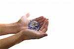 photo of hand holding globe with isolated white background