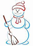 Snowball in a cap with a broom with smiling face, openwork picture, isolated