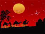 Three wise-men traveling to Bethlehem, following the star - vector illustration