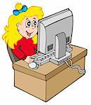 Cartoon girl working with computer - vector illustration.