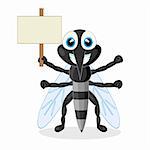 vector illustration of a cute mosquito with wood sign. No gradient.