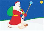 Santa Claus with a rabbit go on snow-covered field
