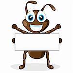 vector illustration of a cute little brown ant with blank sign. No gradient.