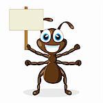 vector illustration of a cute little brown ant with wood sign. No gradient.