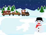 Background with snowman and Santa Claus in a toy train with gifts and 2011 Year