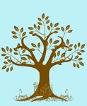 Abstract Tree Silhouette with Leaves and Vines on Blue Background