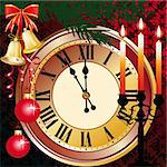 New year or christmas greeting card with a clock, five for twelve, time for new year or new time and decoration.