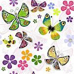 White effortless floral pattern with vivid butterflies (vector)