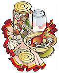 Preserving, canning and cooking fresh mushrooms, colored tablecloth, vector illustration