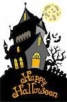 Happy Halloween sign with mansion - vector illustration.