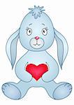 Rabbit sits and holds in paws red heart, a symbol of love