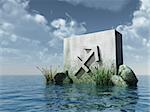 stone monument asterisk archer symbol at water - 3d illustration