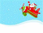 Cartoon illustration of Santa Claus is flying in an airplane through the snowing sky.  Layered file for easier editing.
