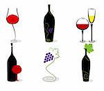 Vector set of wine bottles, glasses and vine. RGB