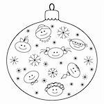 Christmas decoration: glass ball with image of amusing faces and snowflakes, contours