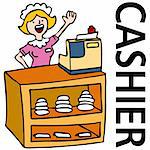 An image of a waitress working at the cashier counter.