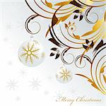 Weihnachts-Grußkarte mit Golde Kugeln auf silbernem Hintergrund