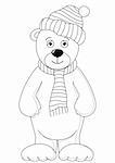 Teddy bear in cap and scarf, monochrome contours