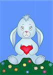 Rabbit holding in paws red valentines heart, siting on a flower meadow