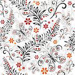 White effortless floral pattern with flowers and butterflies (vector)