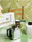 coffee machine retro kitchen tablecloth green wallpaper vintage