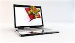 A laptop with a gift exiting by monitor