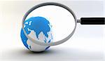 3d illustration of earth globe and magnify glass, internet search concept