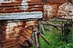 Country shack ruins covered by rusty aluminum sheeting.
