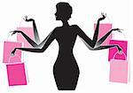 Vector silhouette of a woman with many shopping bags