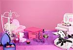 barbie style fashion makeup vanity dressing table pink and purple still photo