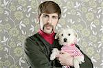 geek retro man holding dog silly couple on wallpaper