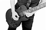 performer with a solo electric guitar on white background. Monochrome