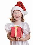 Baby girl in Santa's hat holding her Christmas present, isolated on white background.