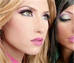 barbie doll makeup macro blonde and brunette models retro 1980s style