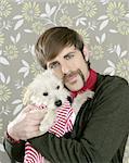 geek retro man holding dog silly couple on wallpaper