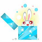 Cartoon snow rabbit with gift on a blue background.