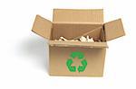 Cardboard Box with Recycle Symbol on White Background