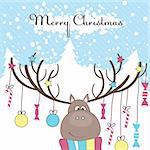 Christmas colorful reindeer with fun gifts. Vector illustration