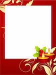 Red decorative christmas frame with pattern, candles, christmas balls and holly berry. Vector illustration.