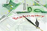 Green background of euro bills with clock face - bankruptcy concept