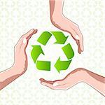 illustration of recycle icon with hands on white background