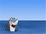 A hungry shark excited about whatever news is floating above him.